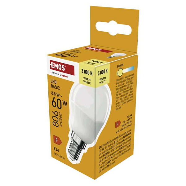 EMOS LED žárovka Basic MINI GLOBE E14 / 8,8 W (60 W) / 806 lm / teplá bílá