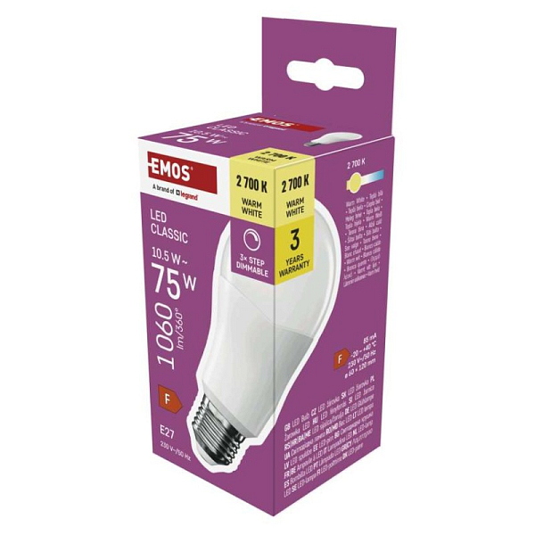 EMOS LED žárovka Classic A60 / E27 / 10,5 W (75 W) / 1 060 lm / teplá bílá /krokově stmívatelná
