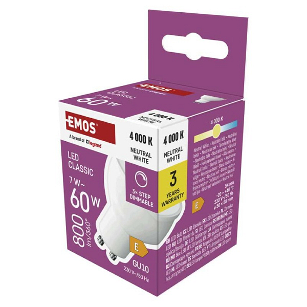 EMOS LED žárovka Classic MR16 / GU10 / 7 W (60 W) / 800 lm / neutrální bílá / krok. stmv.