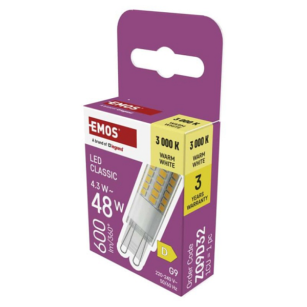 EMOS LED žárovka Classic JC / G9 / 4,3 W (48 W) / 600 lm / teplá bílá