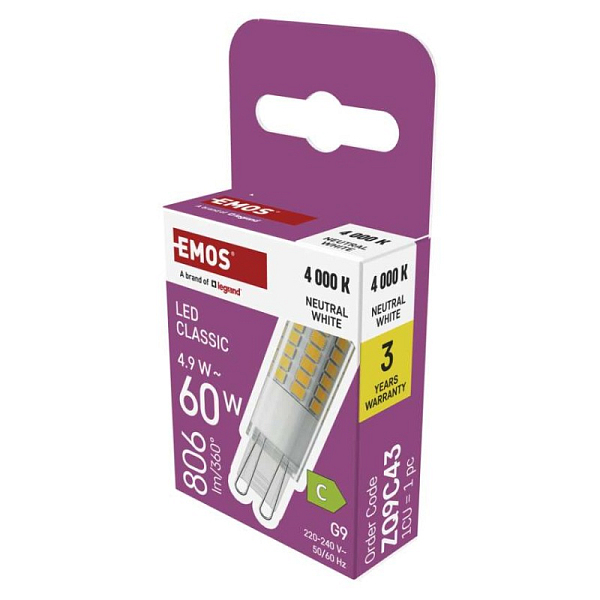 EMOS LED žárovka Classic JC / G9 / 4,9 W (60 W) / 806 lm / neutrální bílá