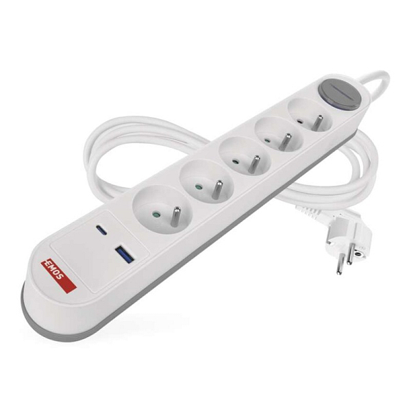 EMOS Prodlužovací kabel 3 m / 5 zásuvky / s vypínačem / bílo-šedý / 1×USB-A + 1×USB-C / 1,5 mm2