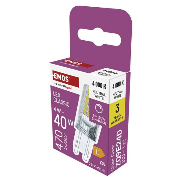 EMOS LED žárovka Classic JC / G9 / 4,2 W (40 W) / 470 lm / neutrální bílá / stmívatelná