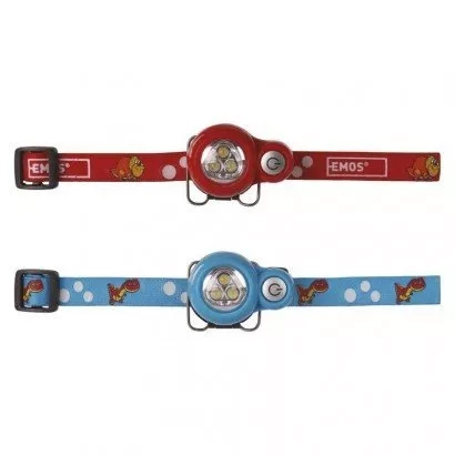 EMOS Detská LED čelovka Dino, 2× CR2032, modrá